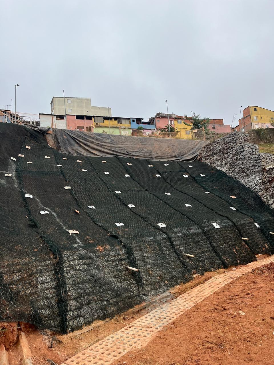 Talude urbano com geomanta e grampos preparado para hidrossemeadura